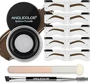 Anglicolor Eyebrow Cream, Stamp Kit and Stencil Set - Waterproof Long Lasting Pomade With Double Ended Brush and Sponge Applicator (05 Dark Brown Set, 70g)