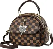 [NICOLE & DORIS] Small Handbags Women Cute Crossbody Bag Bowling Bag Plaid Handbag PU Leather Multi Pocket Shoulder Bags Messenger Bag Satchel Bag with Cat Pendant