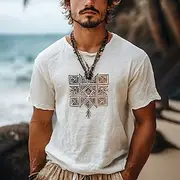 Men's T Shirt Tee Short Sleeve Shirt Tee Top Short Sleeve Crew Neck Summer Geometic Bohemia Vintage Casual Ethnic Vacation Street Casual Daily White Top Tee fo