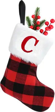 7inch Personalised Xmas Stockings Red Scotland Plaid Classic Christmas Stockings with Letters Faux Fur Plush Cuff Hanging Stockings for Xmas Decoration (C)