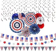 eBoutik – Ultimate USA American Patriotic Party Decorations Set - Red, White & Blue Hanging Bunting, Paper Fans, American Flags Décor, Celebrate 4th July Independence Day -