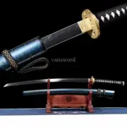 Japanese Katana T10 Steel Clay Tempered Brass Tsuba Full Tang Battle Ready Blue.