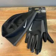 Nike Thermal Beanie Hat and Gloves Set Women’s M/L Running Black/Silver