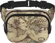[SAAKE] Ancient Map World Globe Print Unisex Square Double Layer Waist Bag Trendy Crossbody Fanny Pack Travel Workouts, Black, One Size