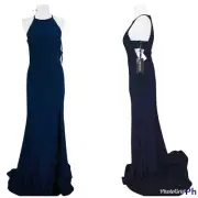Sherri Hill Jersey Cut out Maxi Dress 6 Navy Gown Halter Formal Prom Slit 51947