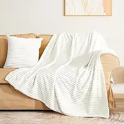 Vessia Flannel Fleece White Throw Blanket(50x71 Inch) for Couch with Pillow Cover(18 * 18 Inch), Warm Cozy Soft Striped Bed Blanket, Microfiber Ribbed Sofa Throw for All Season