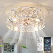 Jaycomey Caged Ceiling Fan with Light,20" Flush Mount Ceiling Fan with Remote,Bladeless Fandelier Ceiling Fans with Lights,Small Low Profile Ceiling Fan White Gold Color