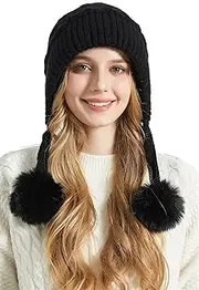 [KEOYA] Women Knit Slouchy Beanies Hats Winter Peruvian Cover Ears Faux Fur Crochet Skull Cap with Pompom Fleece Lined