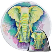 Elephant Drawing over Oriental Flowers Round Beach Towel