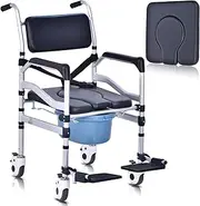 Shower Chair with Wheels Aluminium Alloy 4 in 1 Foldable Height Adjustable Shower Wheelchair, Sturdy Rolling Shower Chair with Large Commode for Seniors (Black)
