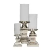 Set 3 Antique Silver Nickel Plated Hurricane Lamp Glass Pillar Candle Holder
