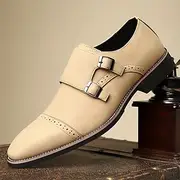 Men's Beige Faux Leather Monk Strap Shoes with Double Buckles – Elegant Formal Footwear for Weddings, Office Special Occasions