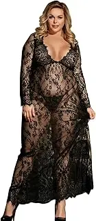 [ohyeah] Lingerie for Women Plus Size Floral Lace Long Maxi Beach Dress Swimwear Bikini Cover Ups Gown Lingerie Dress (Black, 3X-Large)