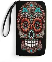 [BFGWK] Large Wallet Novelty Sugar Skulls Day of The Dead Printing Long Wallet With Zipper Leather Wallet Suitable For Both Men And Women, style, 19.7x10.5cm, Style, 19.7x10.5cm, 现代