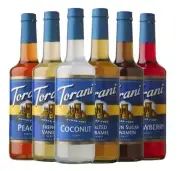 Glass Torani Sugar Free Syrups 750mls Salted Caramel, French Vanilla, Peach