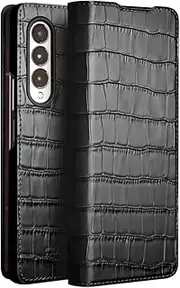 Natural Genuine Leather Case for Samsung Galaxy Z Fold 4 5G Premium Cowhide Luxury Wallet Cover for Samsung Z Fold 4 Case（Black）