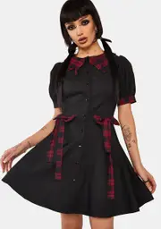 [Dark In Love] Gothic Red Plaid Button Up Short Dress