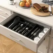 Cutlery Drawer Organiser Expandable Utensil Tray for Kitchen Adjustable Silverware and Flatware Holder Compact Plastic Storage for Spoons Forks Knives