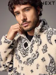 Ecru/Black Printed Quarter Zip Neck Fleece (N77794) | $46