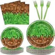 100Pcs Pixel Party Decorations Gamer Party Supplies Video Game Birthday Plates and Napkins for Miner Pixel Mining Craft Disposable Tableware Baby Shower Birthday Decor for 25 Guests