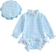 Dewadbow Toddler Baby Girl One Piece Swimsuit Checkered Print Long Sleeve One Piece Rash Guard Ruffle Swimsuit with Hat Set
