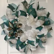 Turquoise And Gold Poinsettia Holiday Deco Mesh Wreath Handmade