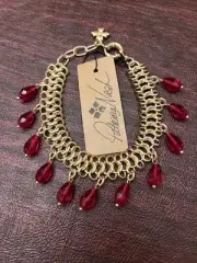 Patricia Nash Bracelet Chain Mail Red Glass Stone Dangle Egypt Gold $59, NWT