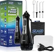 Seago Water Dental Flosser Oral Irrigator with 3 Modes，Cordless Water Teeth Cleaner with 5 Jet Tips，IPX7 Waterproof Rechargeable Portable Powerful Flosser for Teeth for Travel & Home Braces(833 Black