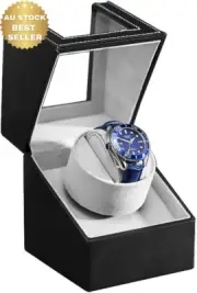 Automatic Single Watch Winder Quiet Motor Wood Shell Black Leather AC/Battery