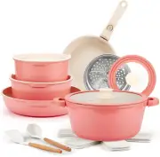 Ceramic Pots and Pans Set Non Stick Pink, 19 Pcs Nonstick Cookware Set with Deta