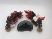 Aquarium Decorative Aquatic Plants and Imitation Purple Geode Lot of 3