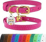 BronzeDog Leather Cat Collar with Brass Buckle Adjustable Small Pet Collars for Kitten Black Brown Pink Purple Red Turquoise (Neck Size 7" - 9", Pink)