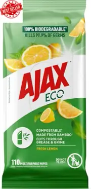 Ajax Eco Antibacterial Disinfectant Wipes (110-Pack) - Fresh Lemon, Biodegradabl