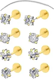 [COTATI] 20G Nose Stud Flat Back Studs Earrings Piercing Jewelry for Women,Surgical Steel Threadless Long Push Pin Labret Tragus Cartilage Lip Rings Stud (Gold,20G，3/3/3/3mm), Small, Stainless Steel
