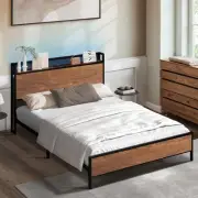 Oikiture Metal Bed Frame Queen Double King Size with LED USB Storage Headboard