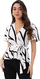 [Allegra K] Printed Peplum Top for Women's Flutter Sleeves Elastic Waist Belt Wrap V Neck Blouse