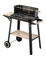 [Hacienda] Charcoal Grill With Manual Rotisserie Stick on Trolley Stand in Black/Light Wood