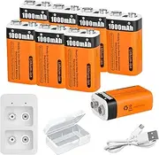 Rechargeable 9V Lithium Batteries 1000mAh (9000mWh) Rechargeable PP3 Battery with Charger and USB Cable for Smoke Detector, Multimeter, Remote Controller, Electric Guitar (8 Pcs)