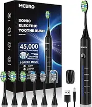 Electric Toothbrush, Sonic Toothbrush, Electric Toothbrush 45000VPM, Whitening Teeth in 1 Week, 120 Days Battery Life, Battery Level Indicator, 6 Dupont Brush Heads, 5 Modes, Timer, Black