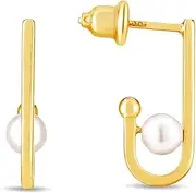 [JewelryWeb] 14k Yellow Gold Drop J hoop Earrings With 4mm Pearl and Push Back Clasp-Hoop Earring for Women