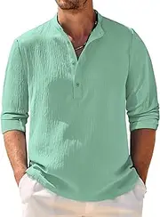 [COOFANDY] Men's Casual Henley Shirt Band Collar Long Sleeve Shirt Beach Hippie Summer Button T Shirt
