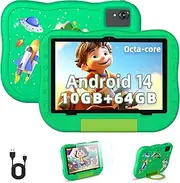 Children's Tablet 10 Inch Android 14 Tablet for Children, 10 GB RAM 64 GB ROM Octa-Core Tablet with Case, 1280 x 800 IPS Display, 6000 mAh, Dual Camera, Bluetooth and WiFi6, Great Children