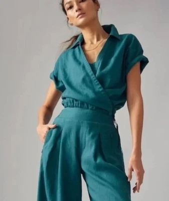 NWT Athleta Borealis Green Lightweight Collared Playa Linen Tie Top Shirt 1X