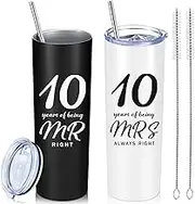 Cunhill 2 Pcs Mr. Right Mrs. Always Right Travel Tumbler Set 20 oz Wedding Engagement Anniversary Travel Mug for Husband Wife Newlywed Couples Bride Groom Anniversary Gifts(10th Straight)