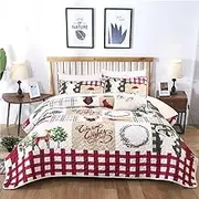 Christmas Quilt Set King Rustic Christmas Santa Tree Snowman Pattern Printed Bedding Solid Quilted Bedspread Coverlet with 2 Pillow Shams for All Seasons, Soft Microfiber Quilt 90x103 inches