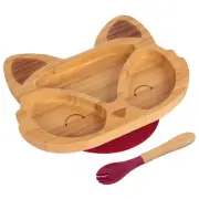 2pc Tiny Dining Red Bamboo Fox Baby Weaning Plate & Fork Set with Suction