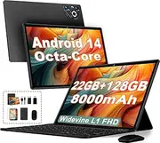 Dghrti Android Tablet 14 Touch Tablet, 22GB RAM 128GB ROM/TF 1TB, Octa-Core Processor, 8000mAh, BT5.0, 8MP+5MP, Dual WLAN, Face ID, Widevine L1, Tablet with Metallic Keyboard & Mouse – Black