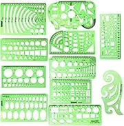 11 Piece Geometric Drawing Template Measuring Ruler, Transparent Green Plastic Ruler with Portable Plastic Bag for, for Studying, Designing and Building