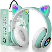 Wireless Headphones for Kids,Cat Ear LED Light Up Bluetooth Kids Headphones with Microphone for School/Travel/Sports/Gaming/Gifts/Christmas (Green)