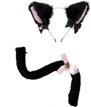 Furry Black Cat Ears Headband with Tail Set,Furry Anime Costume Accessories for Cosplay